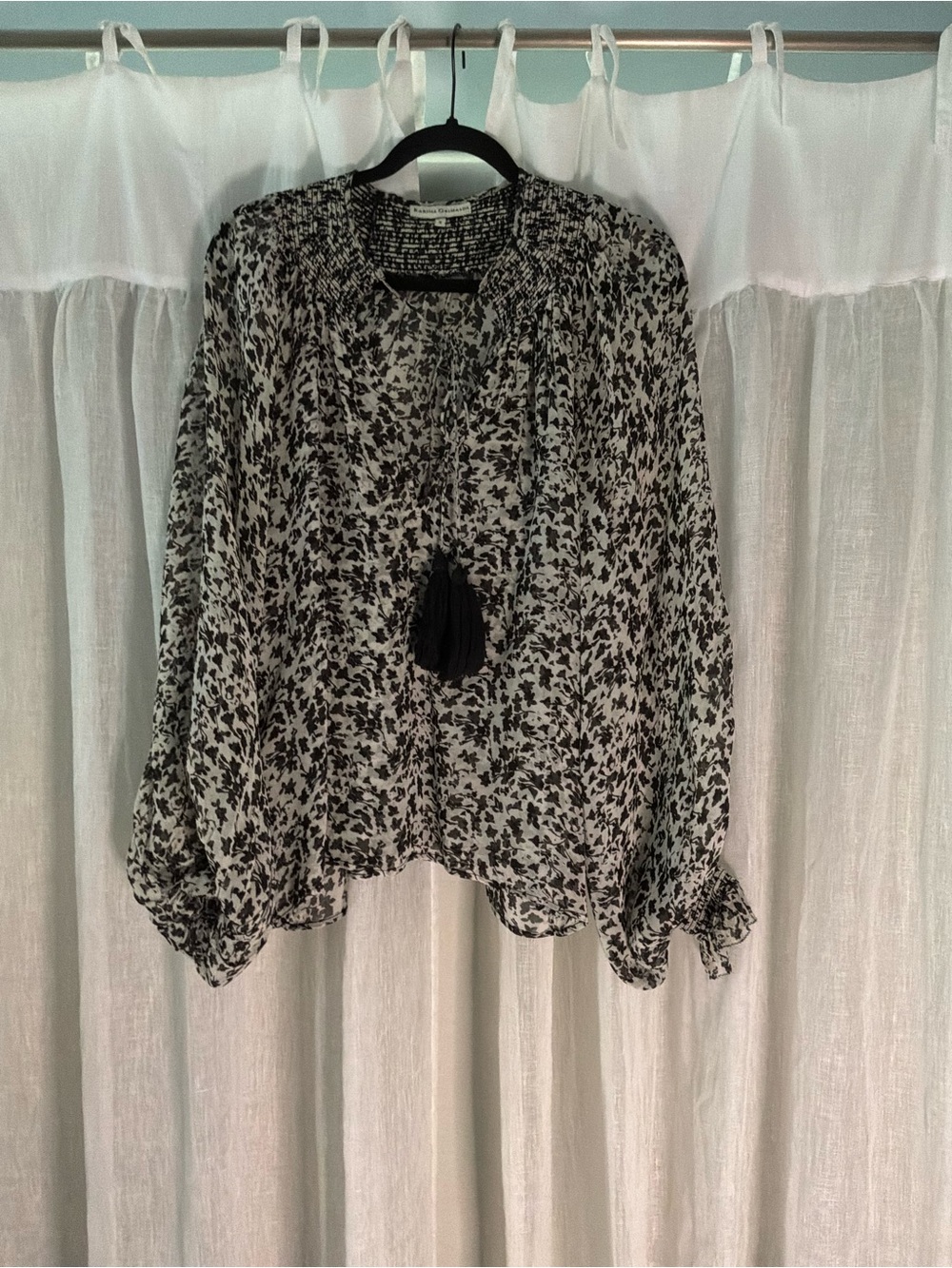 Karina Grimaldi Black and White Floral Peasant Blouse with Tassel